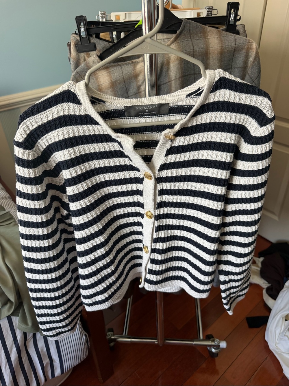 Primark Navy and White Striped Button Cardigan with Gold Buttons